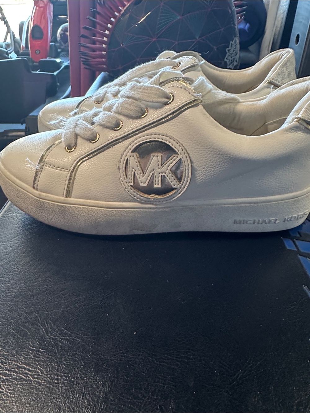 Michael Kors Kids White Leather Sneakers with Metallic Logo Accent